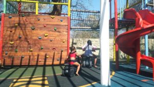 Mini climbing walls, exciting scooter race tracks and jungle gyms galore - all covered with rubberised astro turf to soften any falls