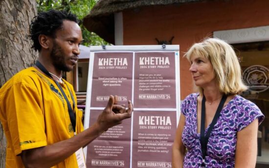 Emerging writer Buntu Duku of Kruger2Canyon News (left) and Harriet Nimo of Wild Shots Outreach had engaging discussions at the recent launch of the Khetha 2024 Journalism Project in Hoedspruit. (Photo: © WWF | Karabo Magakane)