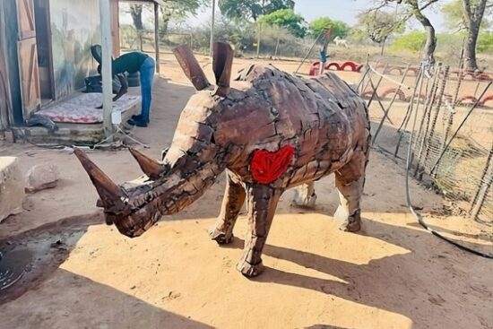 Up-cycled art such as this scrap metal rhino fashioned by Cottondale artist, Renek Mathebula, brings wildlife appreciation to the fore in a hands-on way. Photo: Supplied