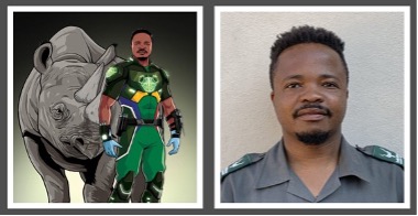 Kruger National Park wildlife veterinarian Dr Lufuno Netshitavhadulu (right) was drawn as the SuperScientist "Trank", by the NPO initiative SuperScientists. Character art: Clyde Beech for SuperScientists. Photo: SANParks.